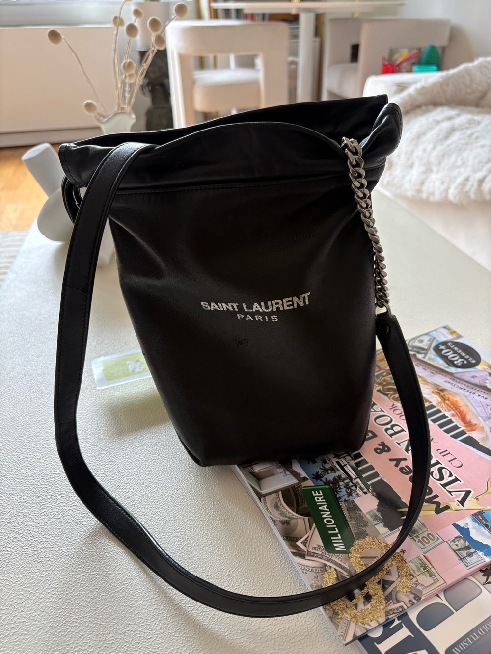 Saint Laurent Black Leather Bucket Bag with Chain Strap